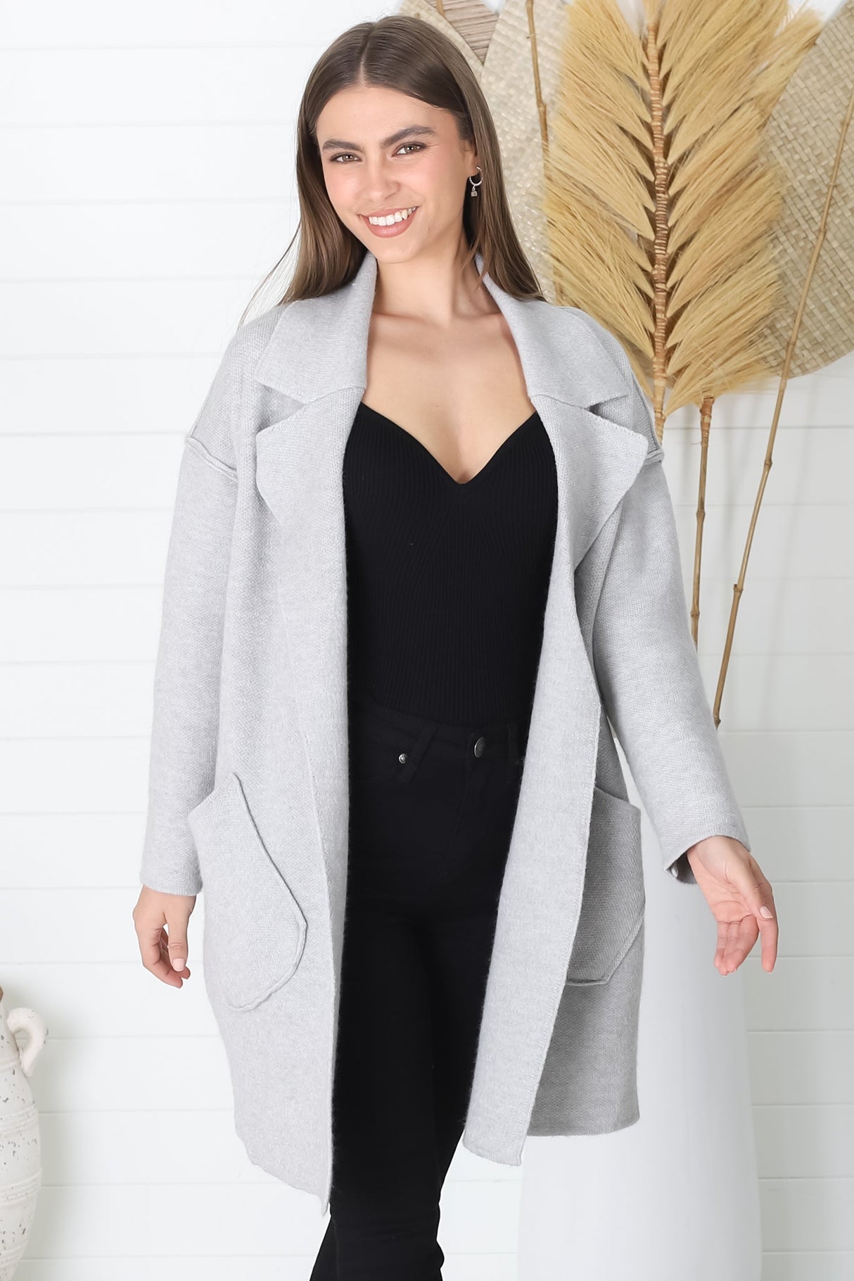 Kierce Cardigan - Folded Lapel Collar Coatigan with Pockets in Grey