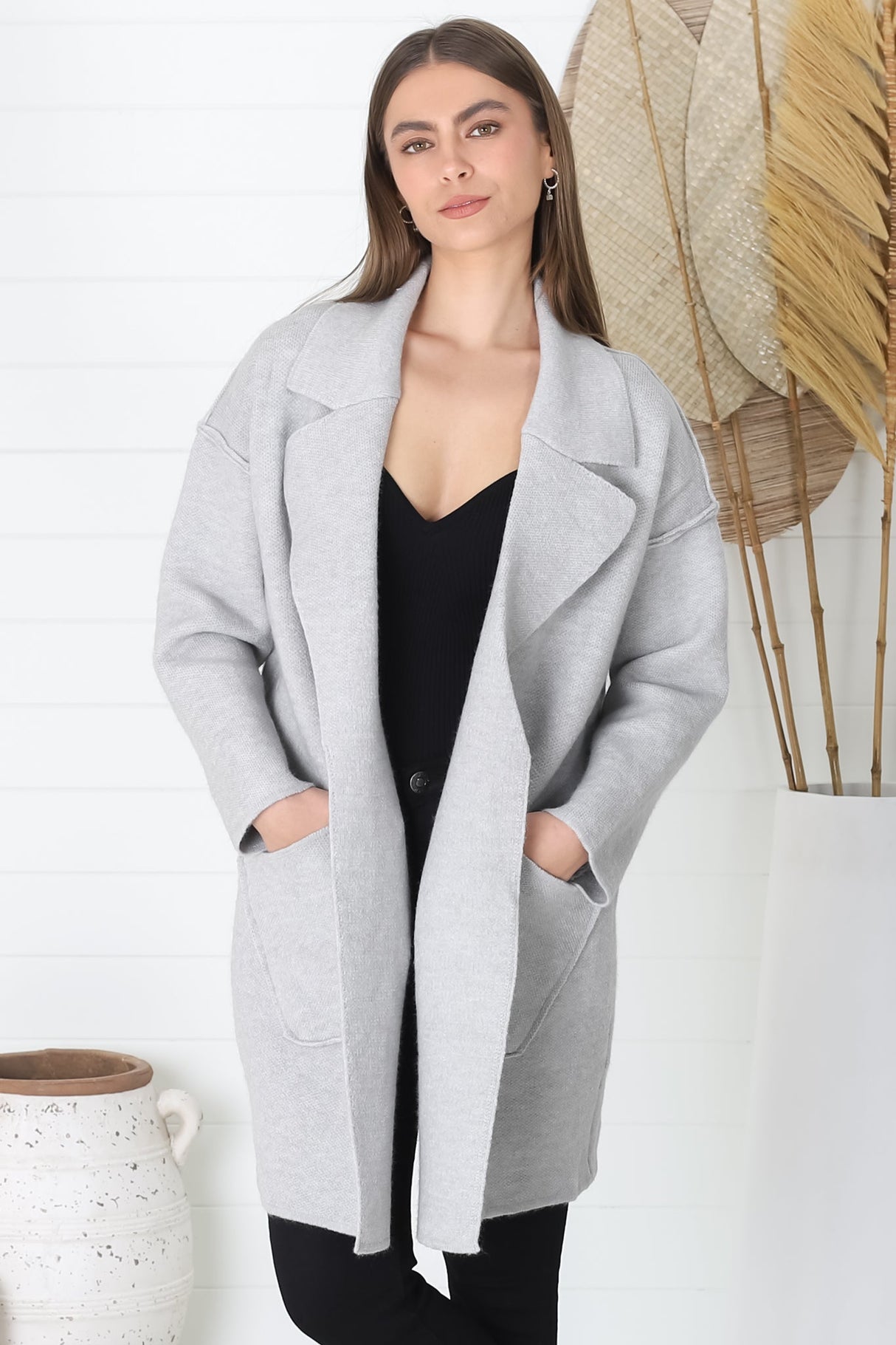 Kierce Cardigan - Folded Lapel Collar Coatigan with Pockets in Grey