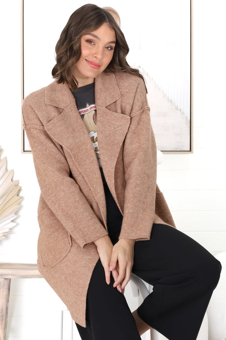 Kierce Cardigan - Folded Lapel Collar Coatigan with Pockets in Tan