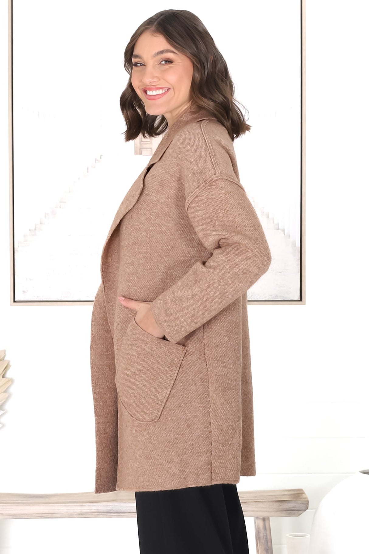 Kierce Cardigan - Folded Lapel Collar Coatigan with Pockets in Tan