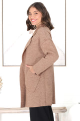 Kierce Cardigan - Folded Lapel Collar Coatigan with Pockets in Tan