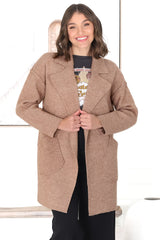 Kierce Cardigan - Folded Lapel Collar Coatigan with Pockets in Tan