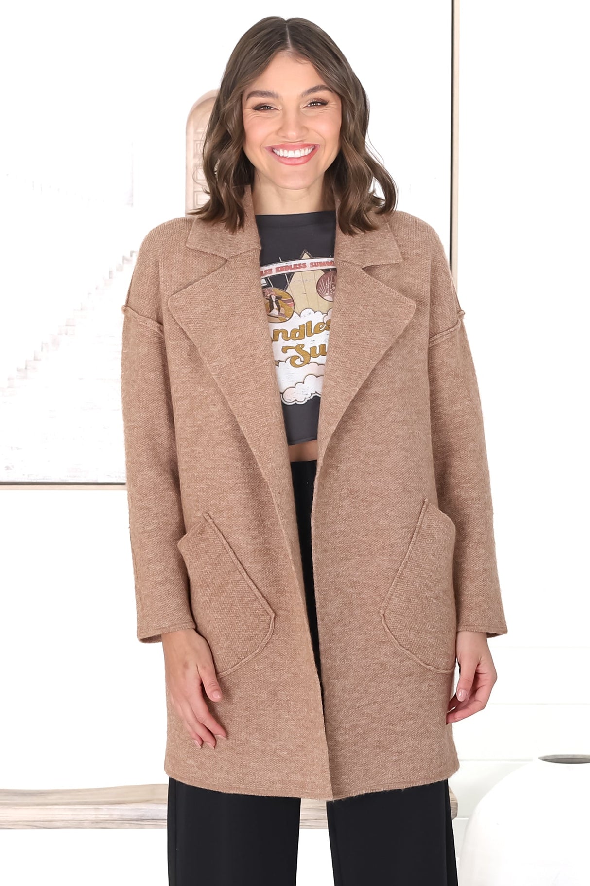 Kierce Cardigan - Folded Lapel Collar Coatigan with Pockets in Tan