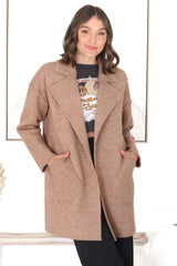 Kierce Cardigan - Folded Lapel Collar Coatigan with Pockets in Tan