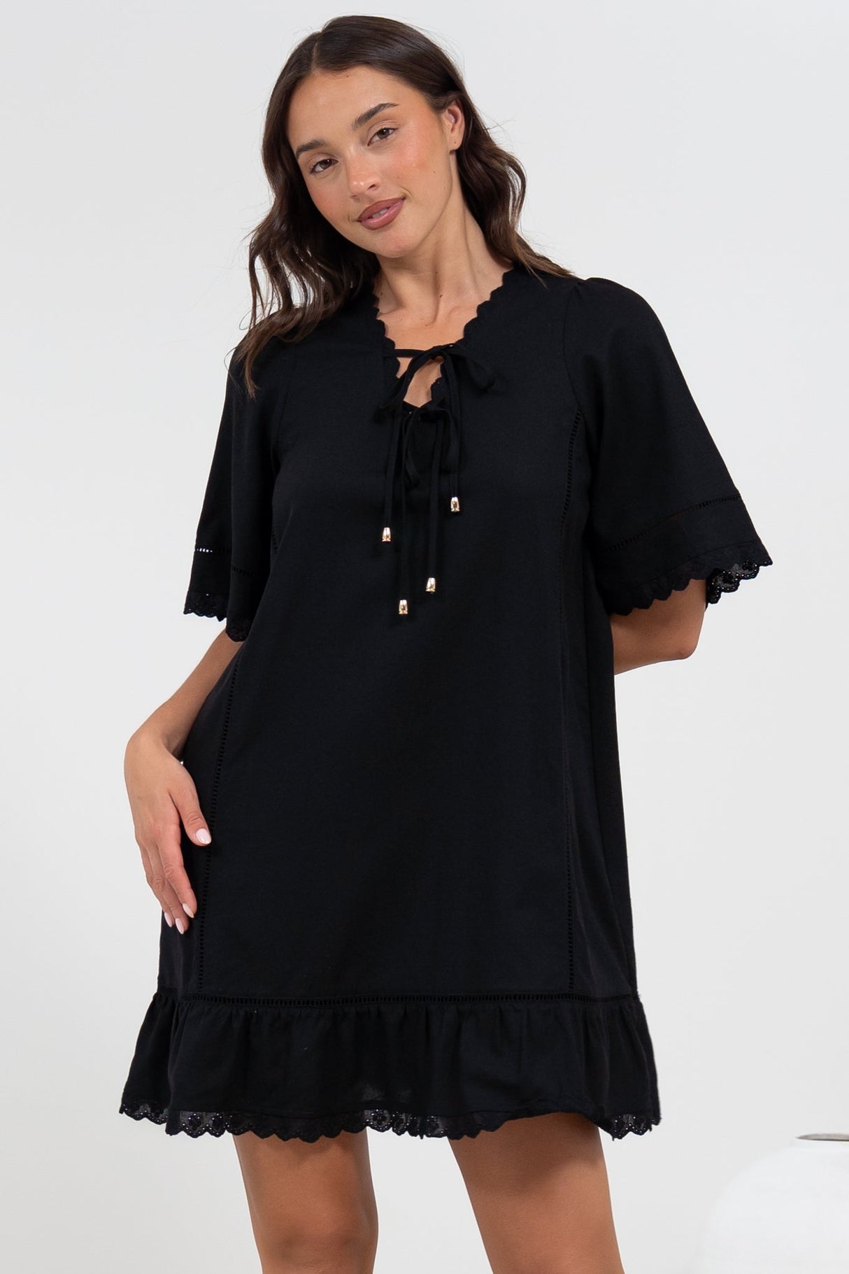 Kiki Mini Dress - V-Neck Shift Dress with Scallop Lace Hemlines in Black