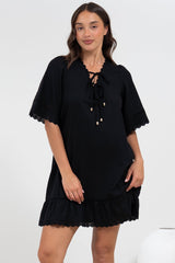 Kiki Mini Dress - V-Neck Shift Dress with Scallop Lace Hemlines in Black