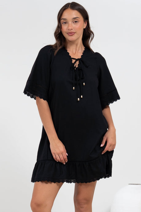 Kiki Mini Dress - V-Neck Shift Dress with Scallop Lace Hemlines in Black