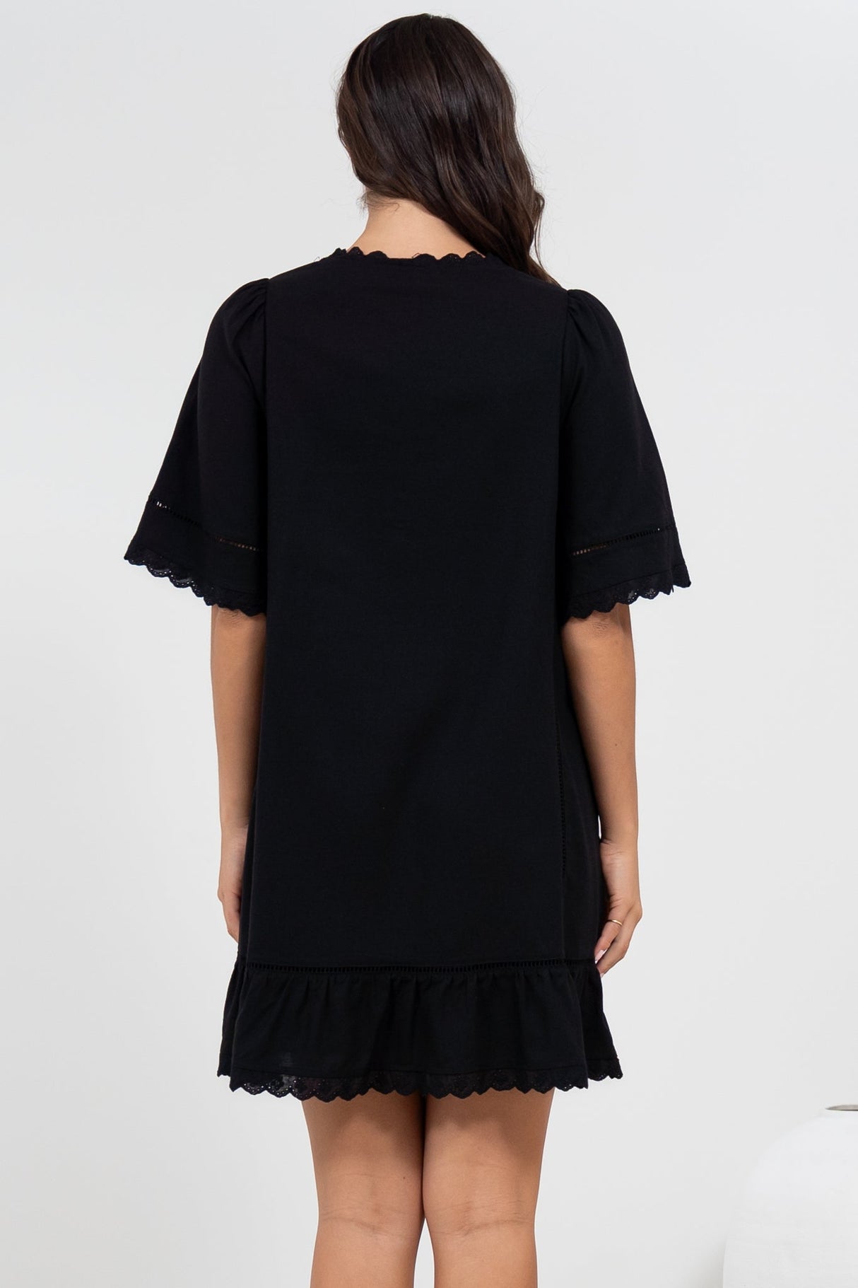 Kiki Mini Dress - V-Neck Shift Dress with Scallop Lace Hemlines in Black