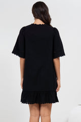 Kiki Mini Dress - V-Neck Shift Dress with Scallop Lace Hemlines in Black