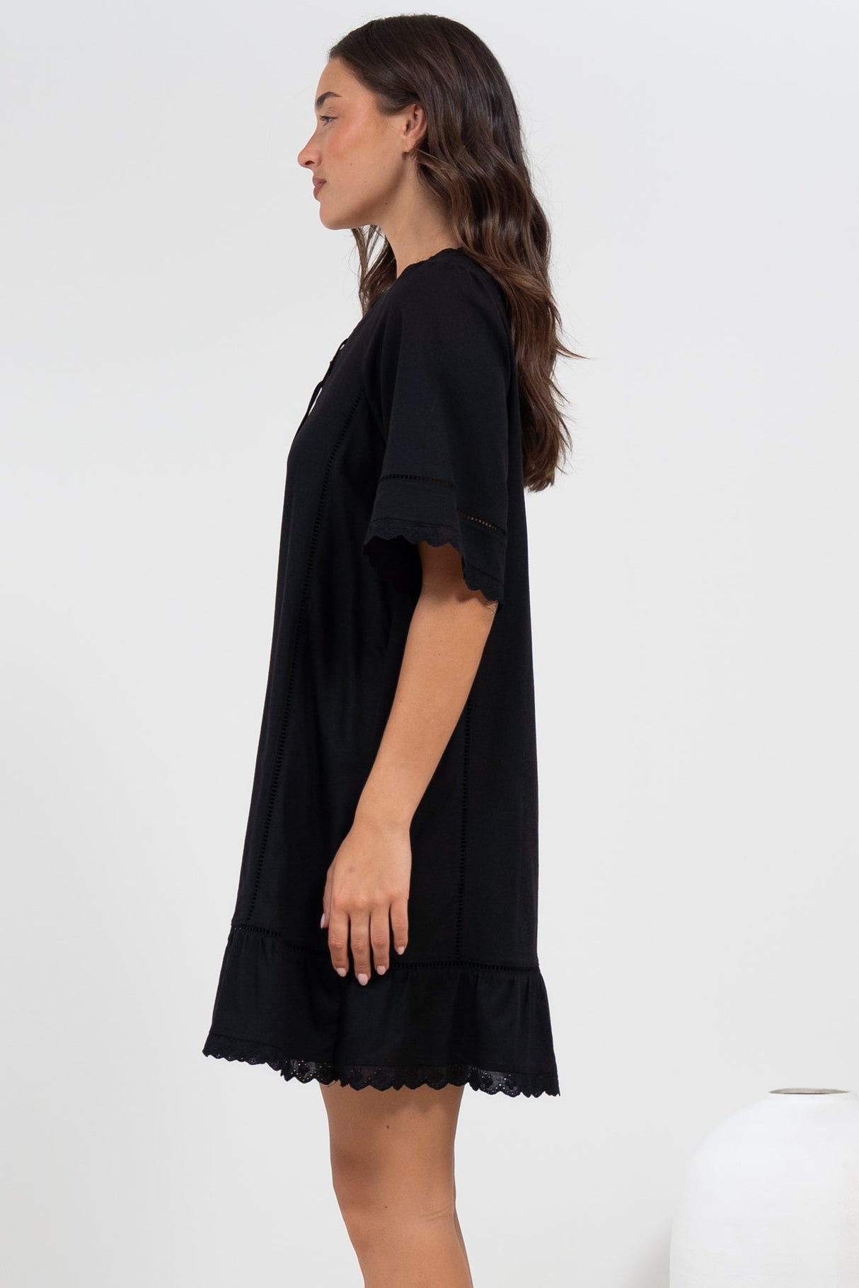 Kiki Mini Dress - V-Neck Shift Dress with Scallop Lace Hemlines in Black