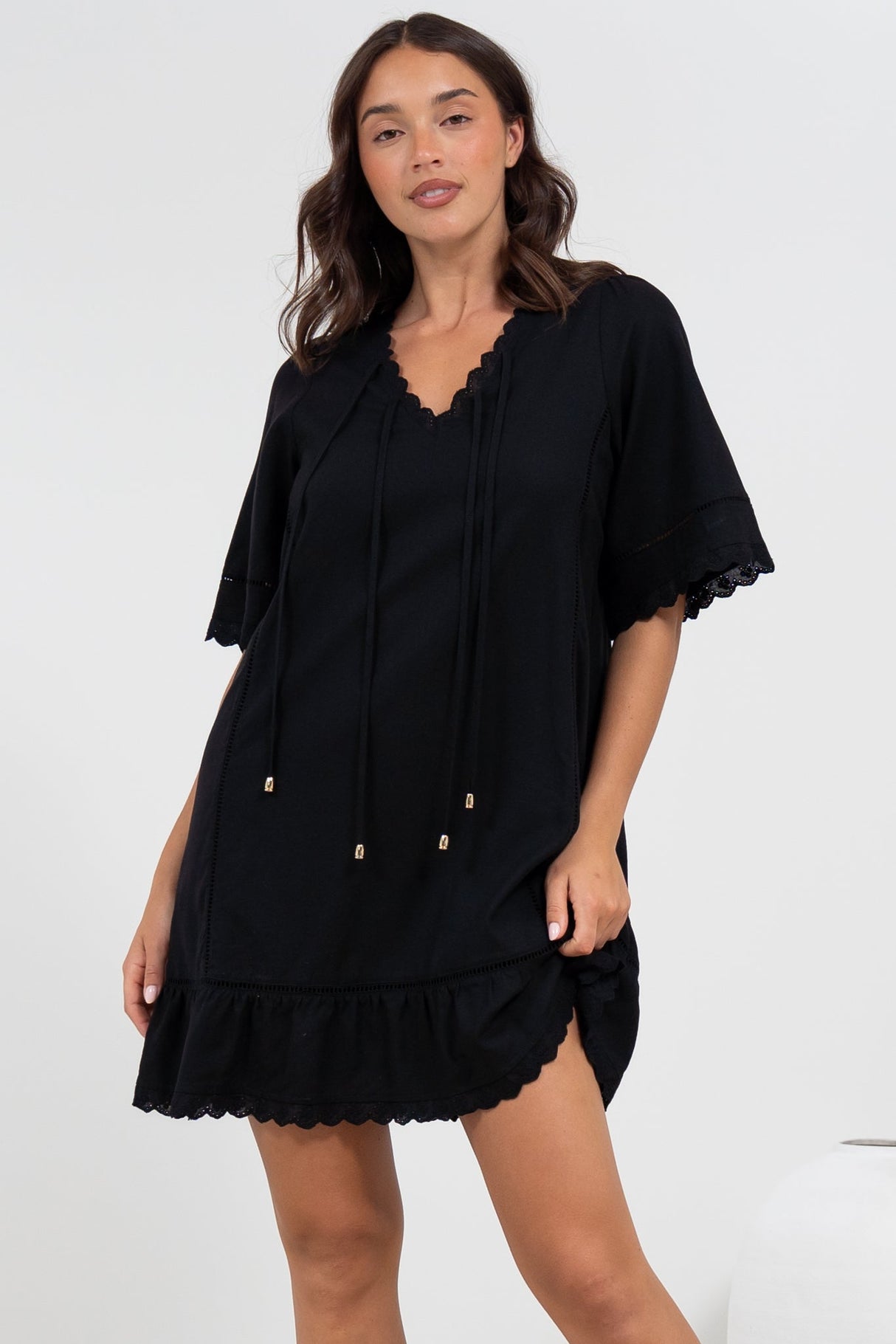 Kiki Mini Dress - V-Neck Shift Dress with Scallop Lace Hemlines in Black