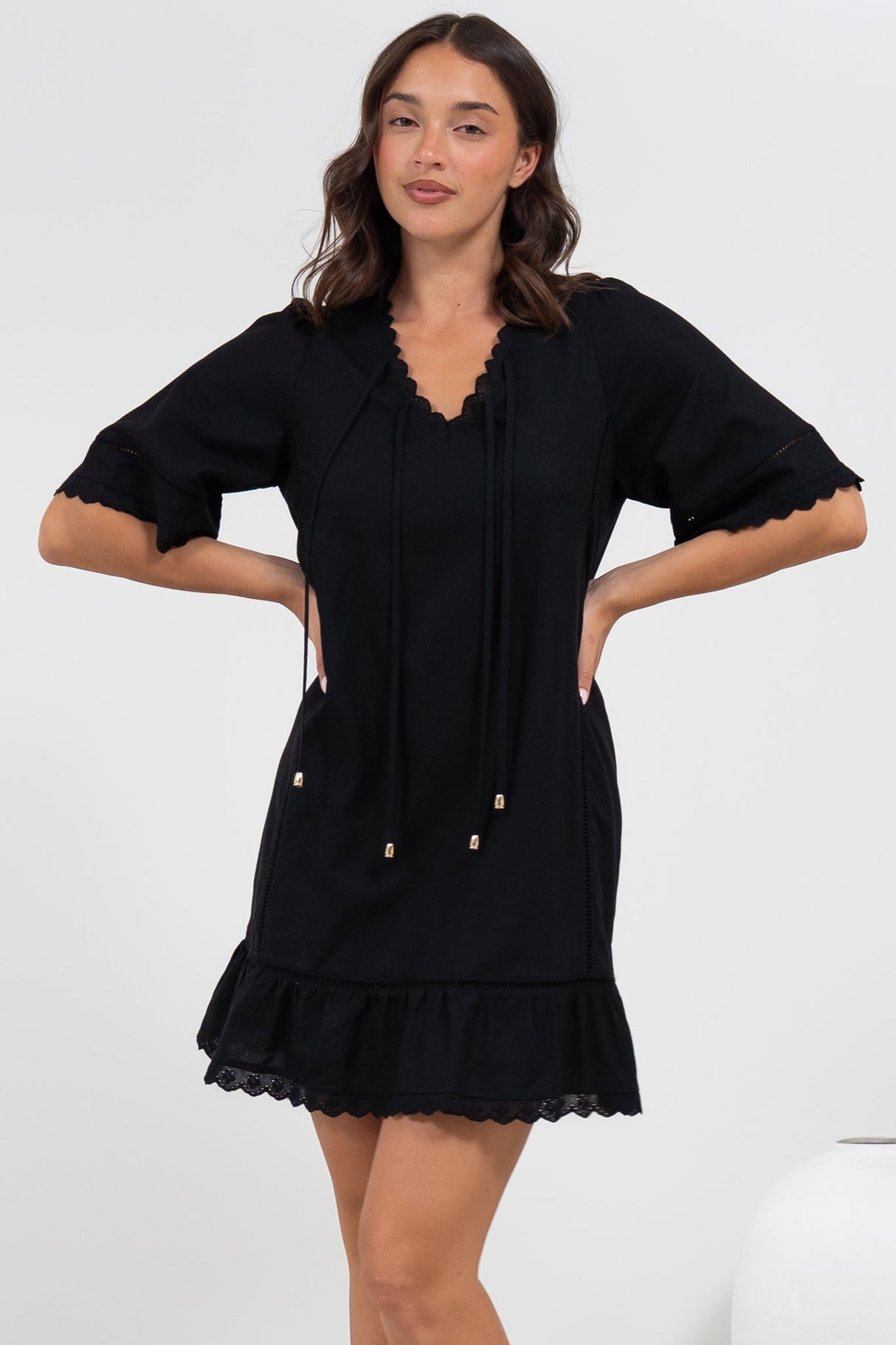 Kiki Mini Dress - V-Neck Shift Dress with Scallop Lace Hemlines in Black