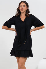 Kiki Mini Dress - V-Neck Shift Dress with Scallop Lace Hemlines in Black