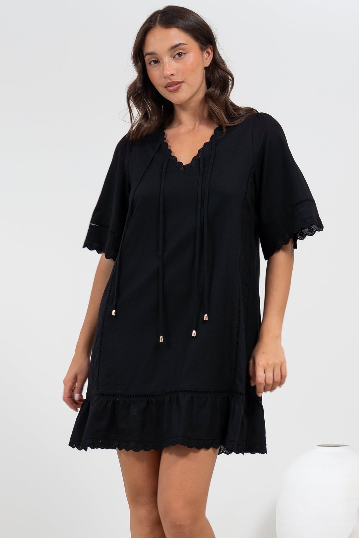 Kiki Mini Dress - V-Neck Shift Dress with Scallop Lace Hemlines in Black