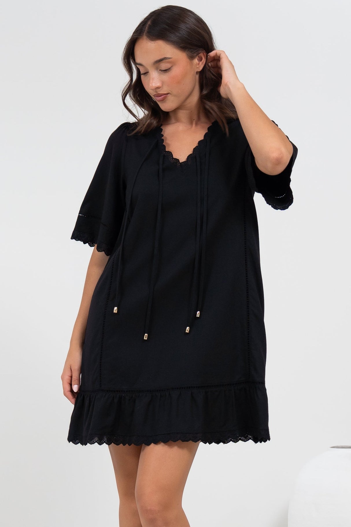 Kiki Mini Dress - V-Neck Shift Dress with Scallop Lace Hemlines in Black