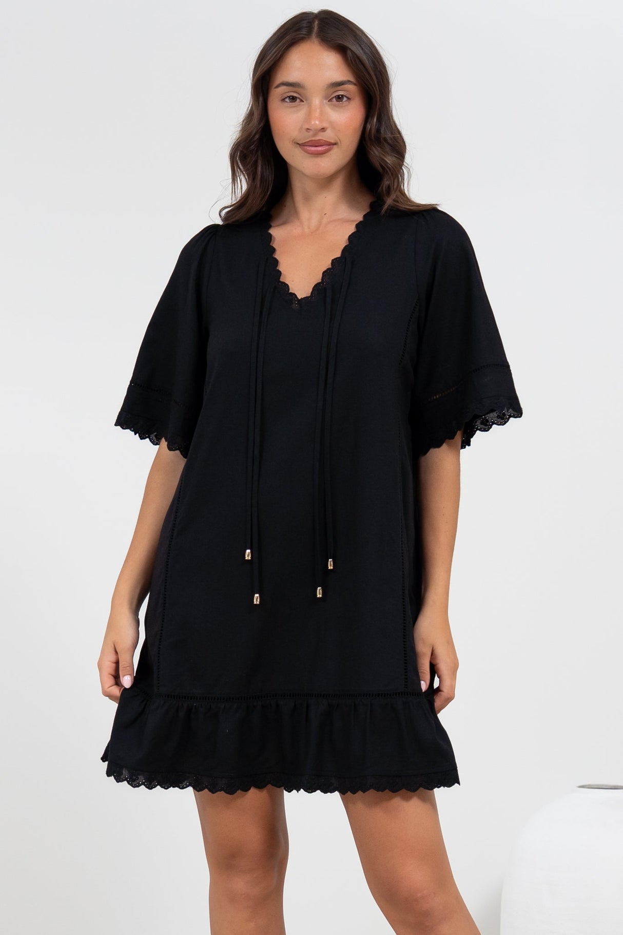 Kiki Mini Dress - V-Neck Shift Dress with Scallop Lace Hemlines in Black