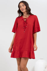 Kiki Mini Dress - V-Neck Shift Dress with Scallop Lace Hemlines in Red