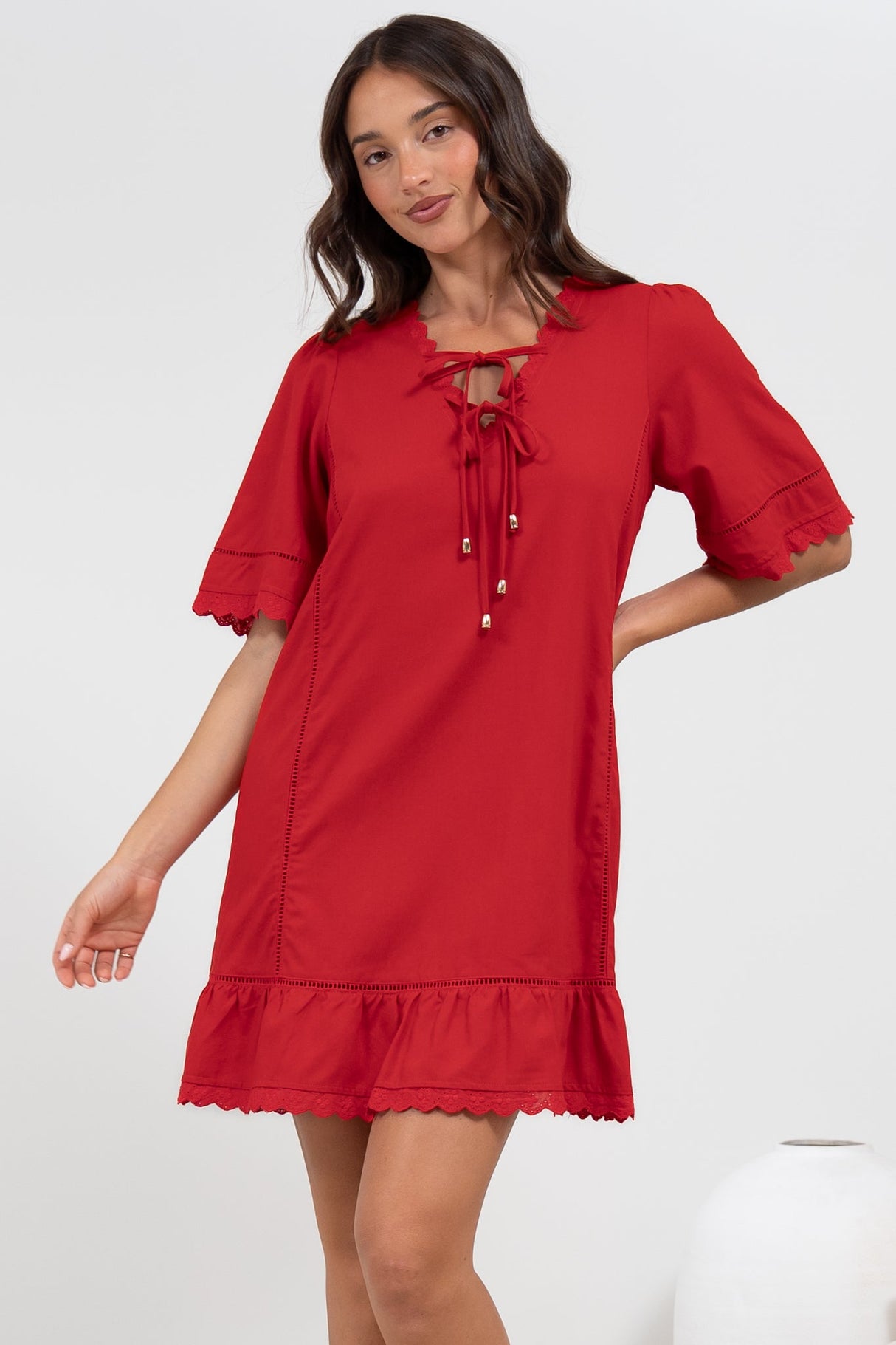 Kiki Mini Dress - V-Neck Shift Dress with Scallop Lace Hemlines in Red