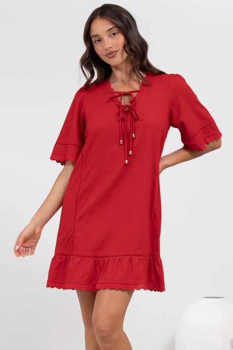 Kiki Mini Dress - V-Neck Shift Dress with Scallop Lace Hemlines in Red