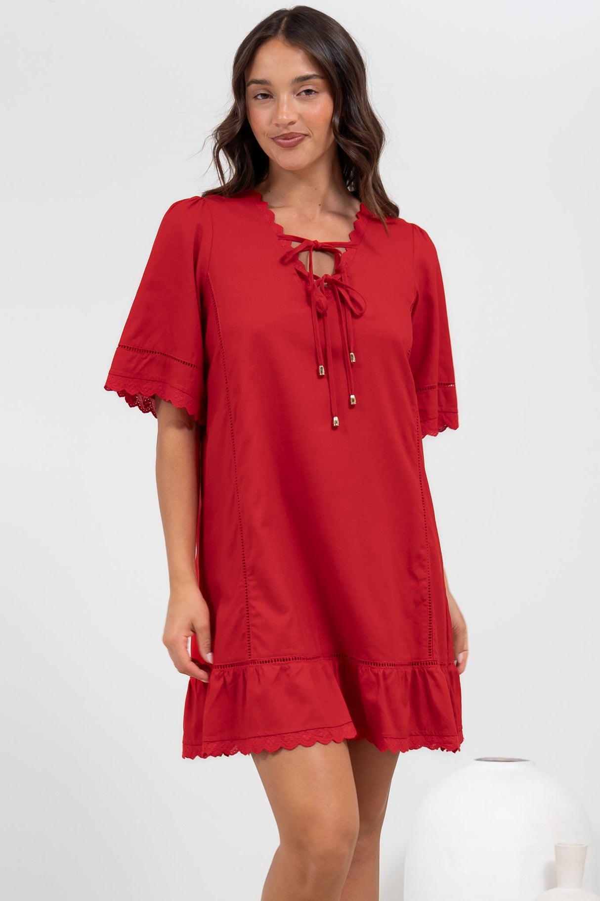 Kiki Mini Dress - V-Neck Shift Dress with Scallop Lace Hemlines in Red