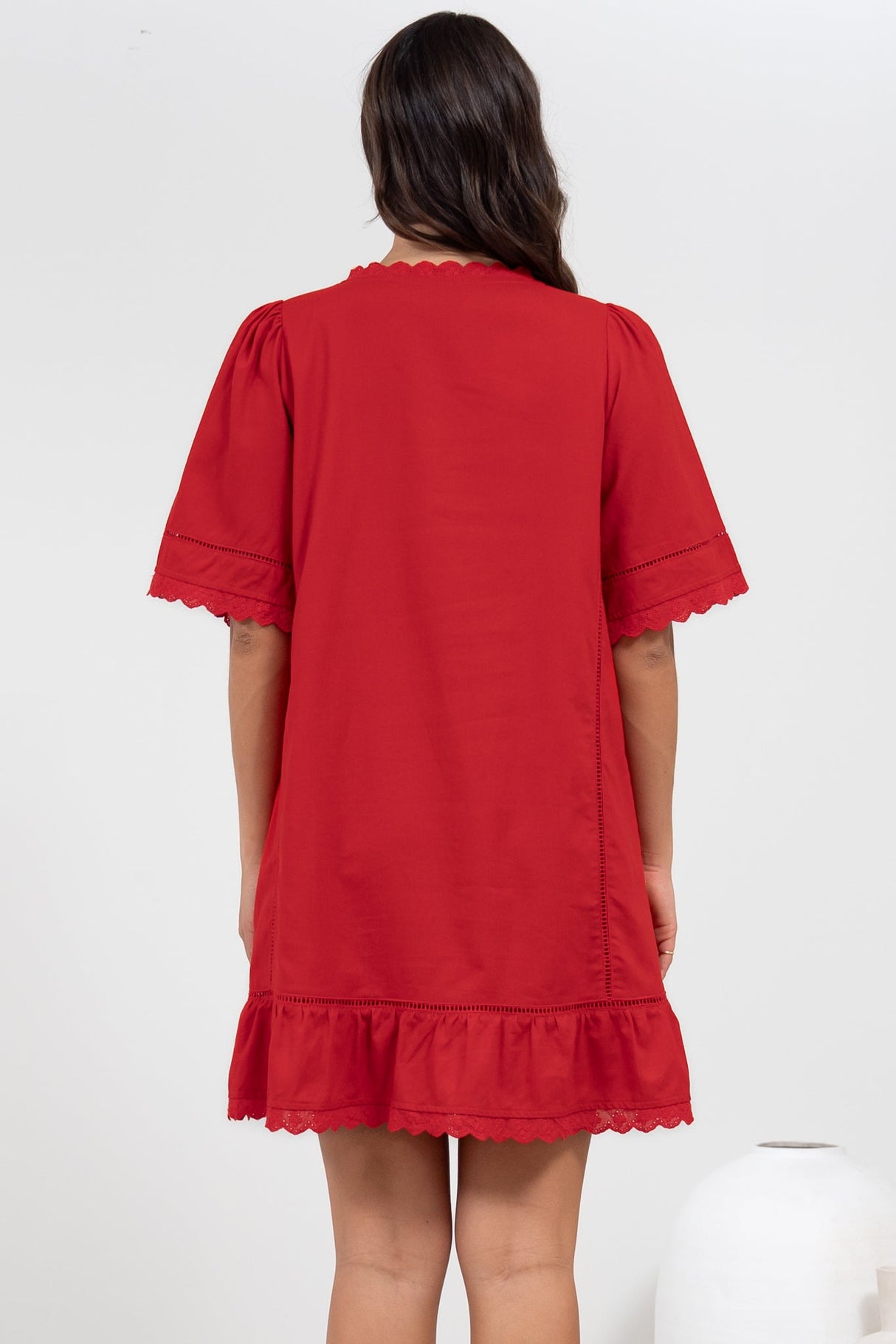 Kiki Mini Dress - V-Neck Shift Dress with Scallop Lace Hemlines in Red