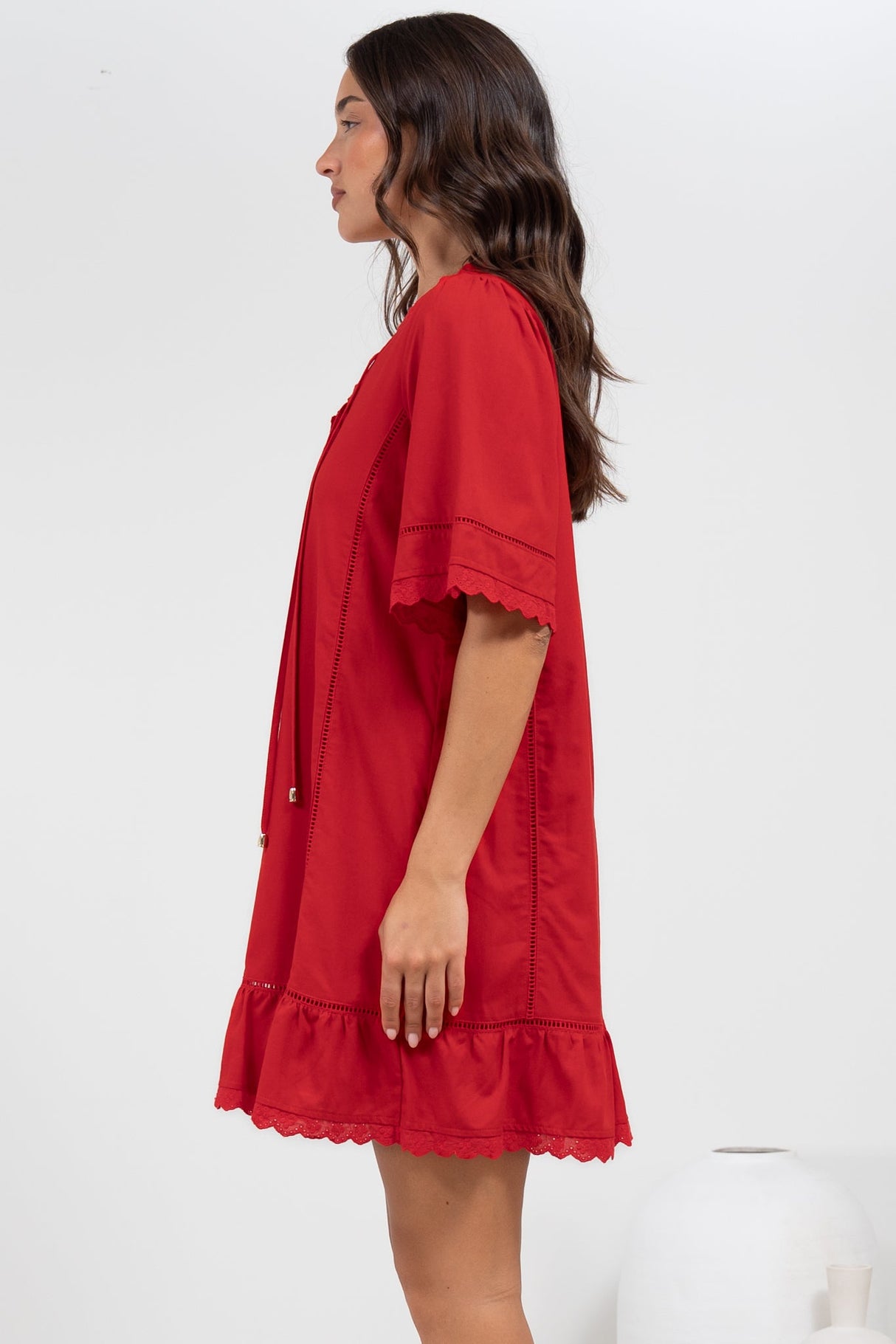Kiki Mini Dress - V-Neck Shift Dress with Scallop Lace Hemlines in Red