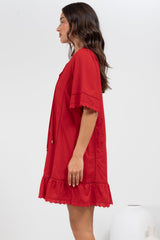 Kiki Mini Dress - V-Neck Shift Dress with Scallop Lace Hemlines in Red