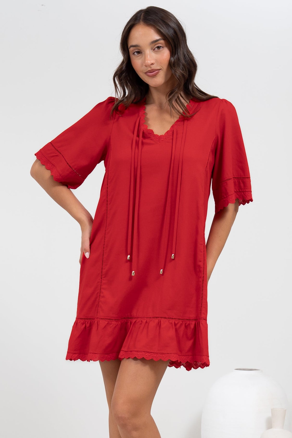 Kiki Mini Dress - V-Neck Shift Dress with Scallop Lace Hemlines in Red