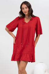 Kiki Mini Dress - V-Neck Shift Dress with Scallop Lace Hemlines in Red