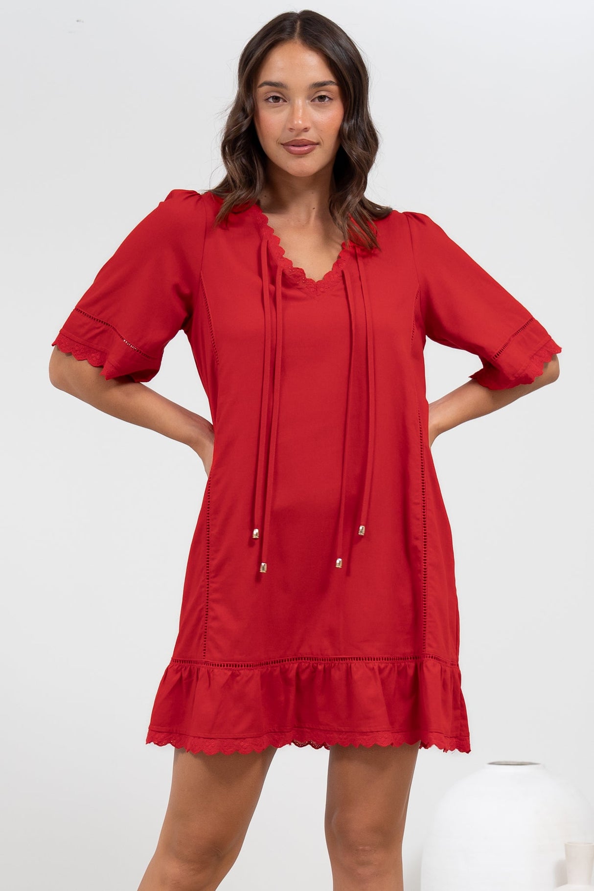 Kiki Mini Dress - V-Neck Shift Dress with Scallop Lace Hemlines in Red