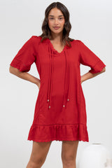 Kiki Mini Dress - V-Neck Shift Dress with Scallop Lace Hemlines in Red