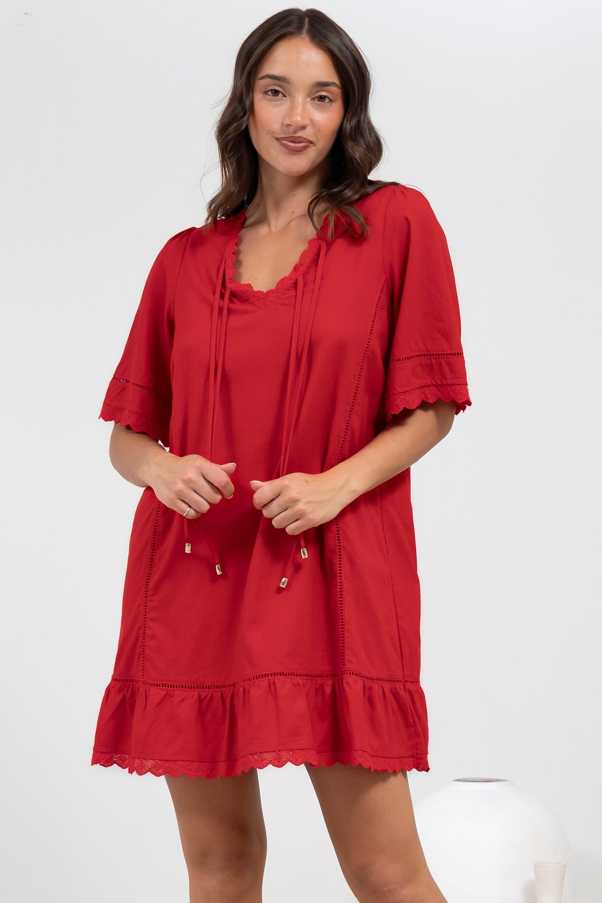Kiki Mini Dress - V-Neck Shift Dress with Scallop Lace Hemlines in Red