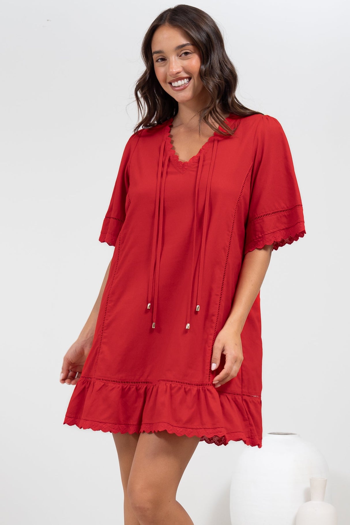 Kiki Mini Dress - V-Neck Shift Dress with Scallop Lace Hemlines in Red