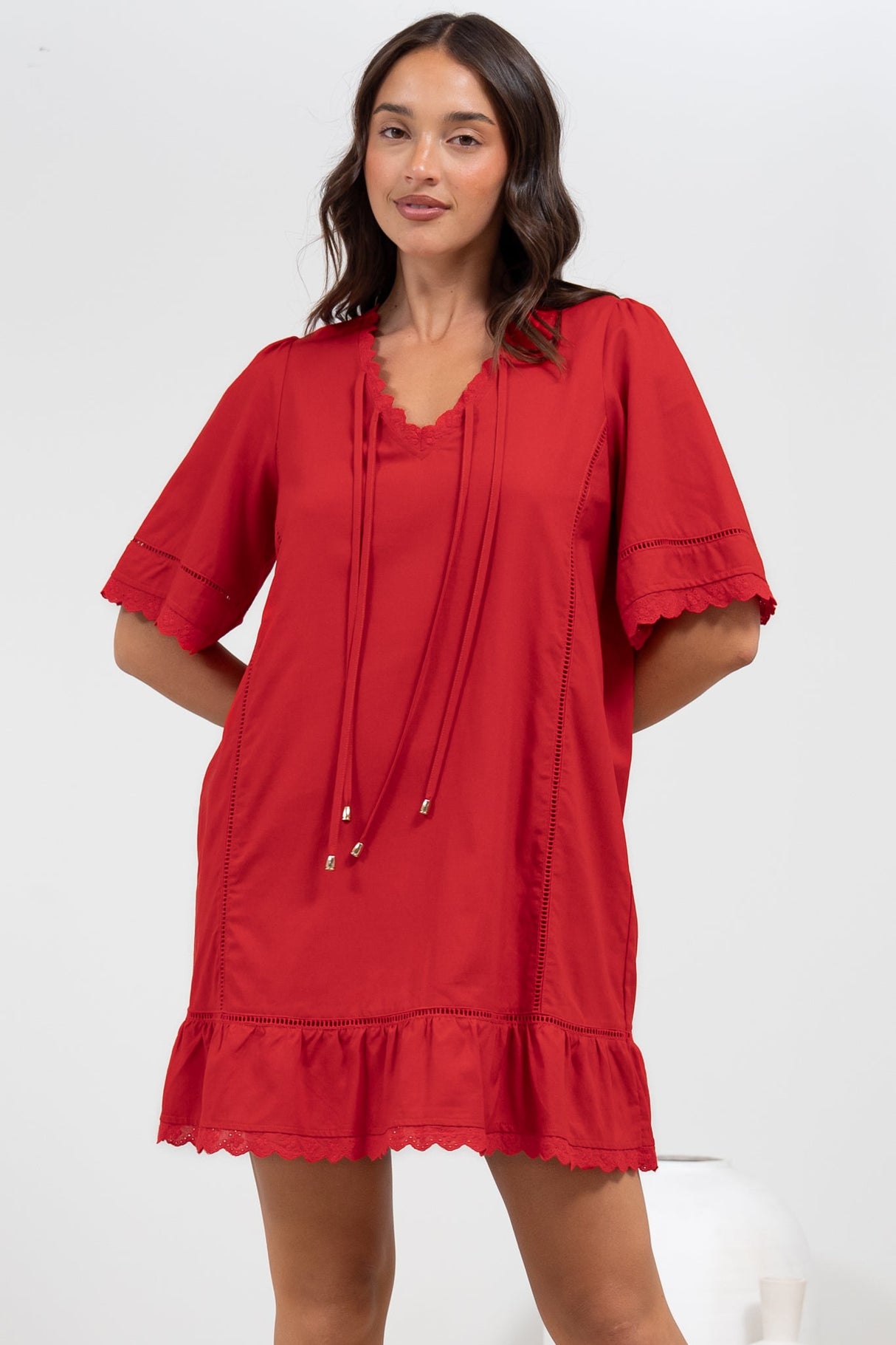 Kiki Mini Dress - V-Neck Shift Dress with Scallop Lace Hemlines in Red
