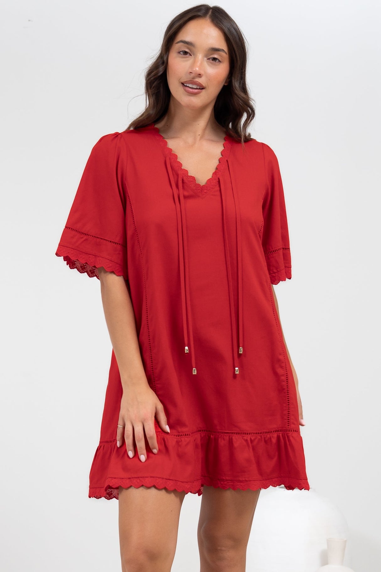 Kiki Mini Dress - V-Neck Shift Dress with Scallop Lace Hemlines in Red