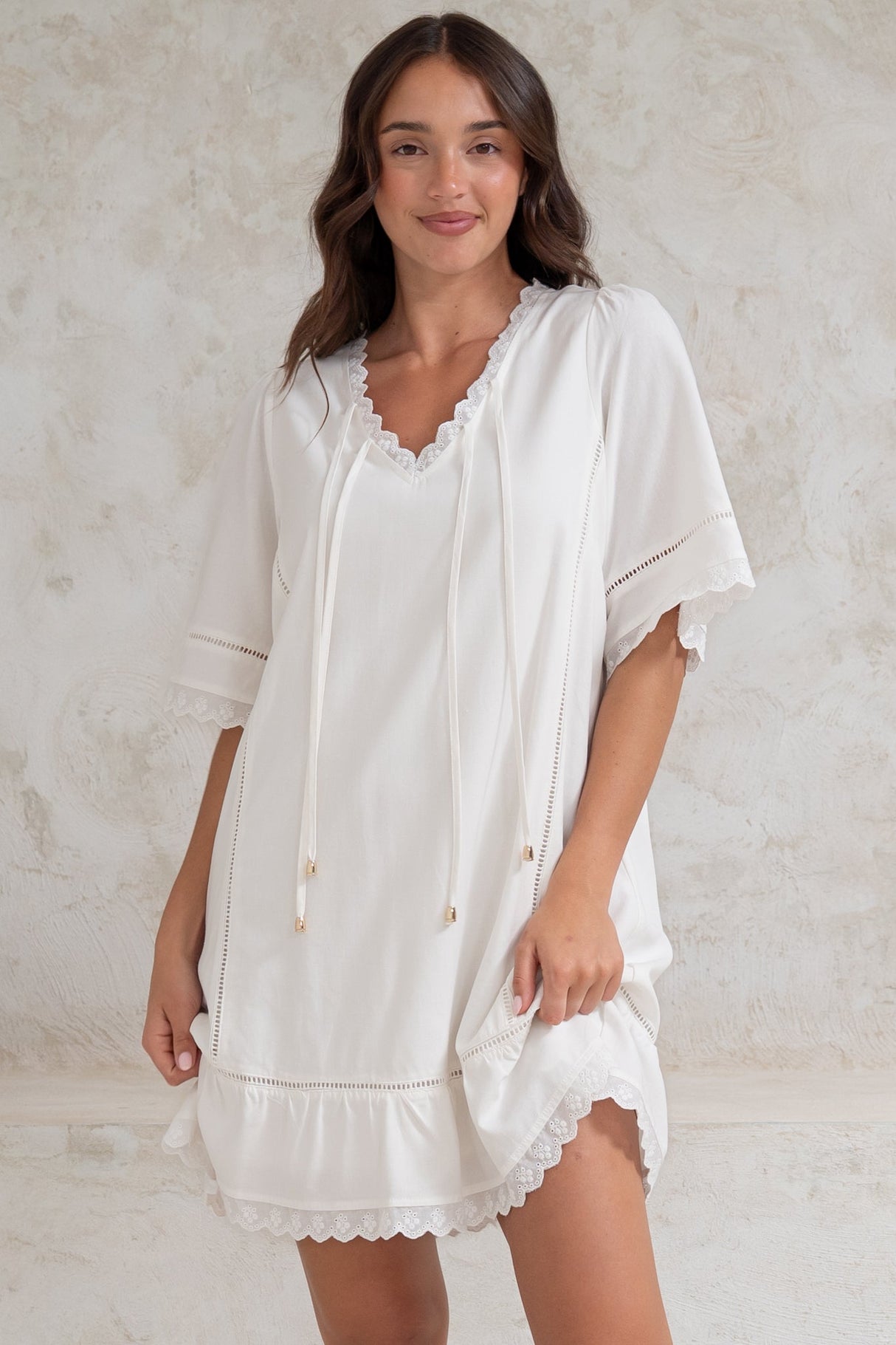 Kiki Mini Dress - V-Neck Shift Dress with Scallop Lace Hemlines in White