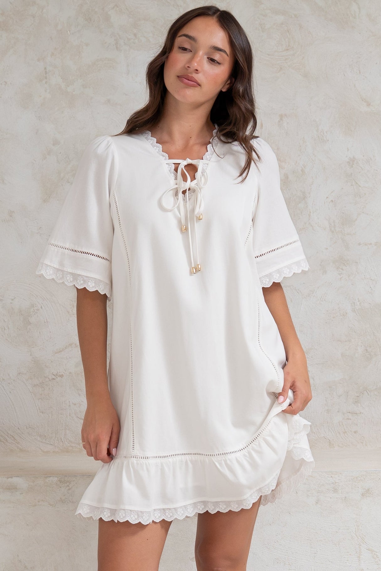 Kiki Mini Dress - V-Neck Shift Dress with Scallop Lace Hemlines in White