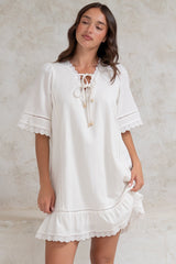 Kiki Mini Dress - V-Neck Shift Dress with Scallop Lace Hemlines in White