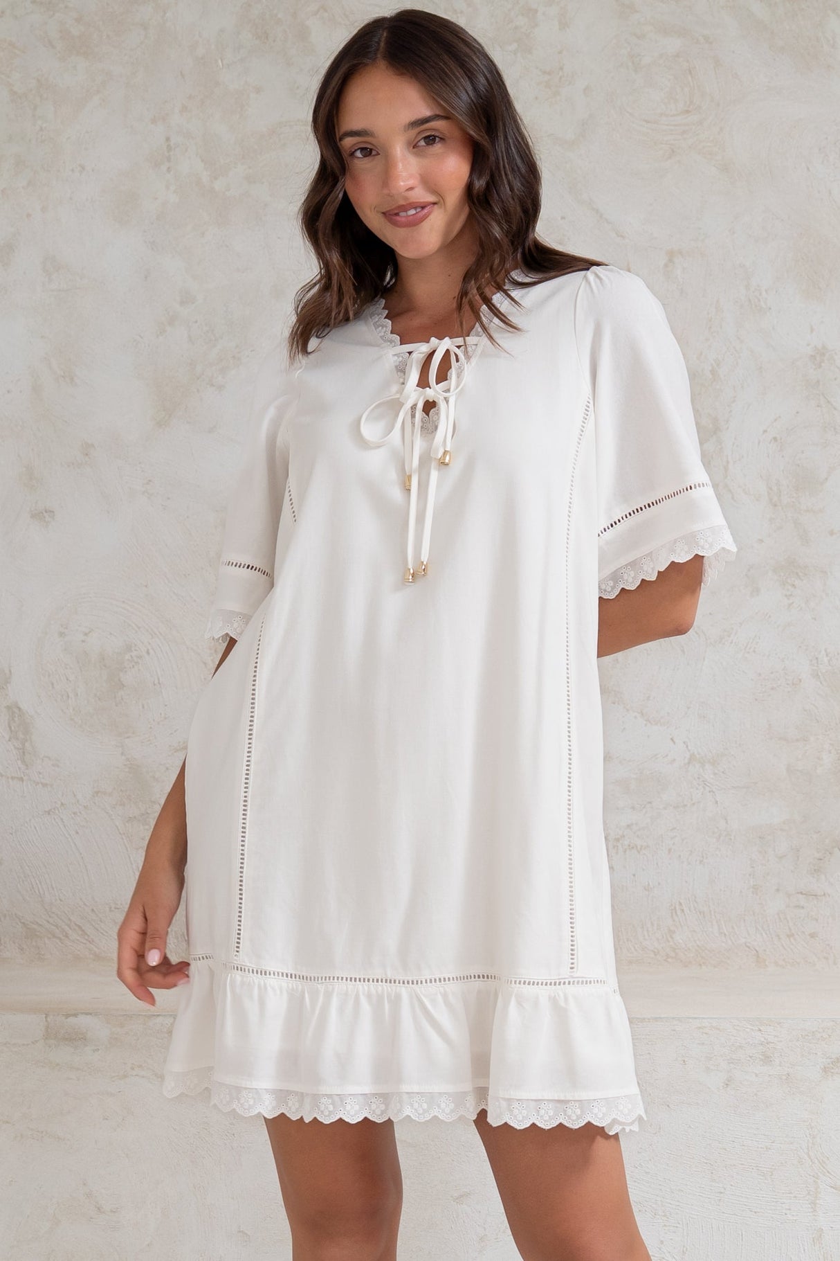 Kiki Mini Dress - V-Neck Shift Dress with Scallop Lace Hemlines in White