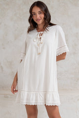 Kiki Mini Dress - V-Neck Shift Dress with Scallop Lace Hemlines in White