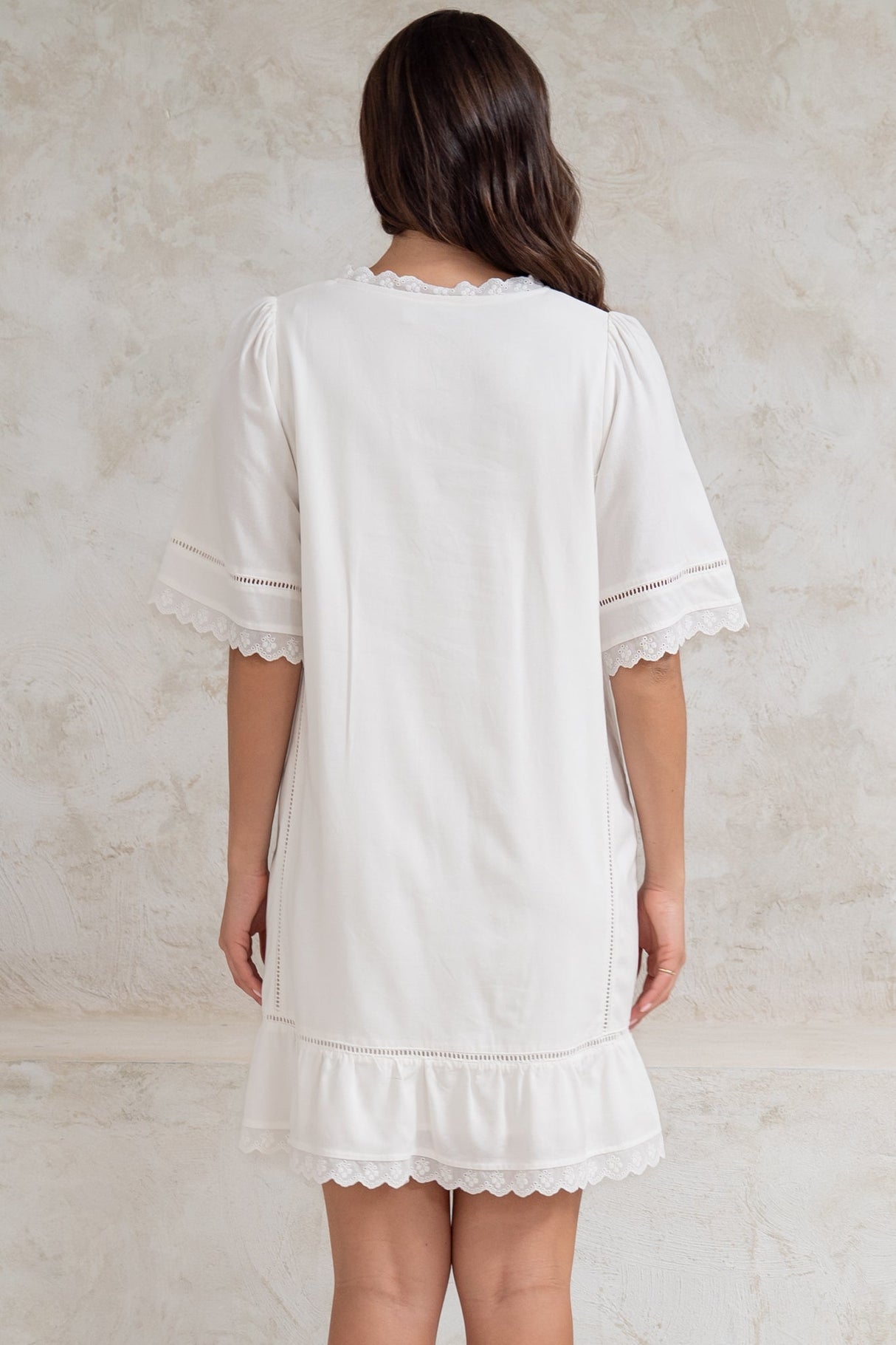 Kiki Mini Dress - V-Neck Shift Dress with Scallop Lace Hemlines in White