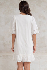 Kiki Mini Dress - V-Neck Shift Dress with Scallop Lace Hemlines in White