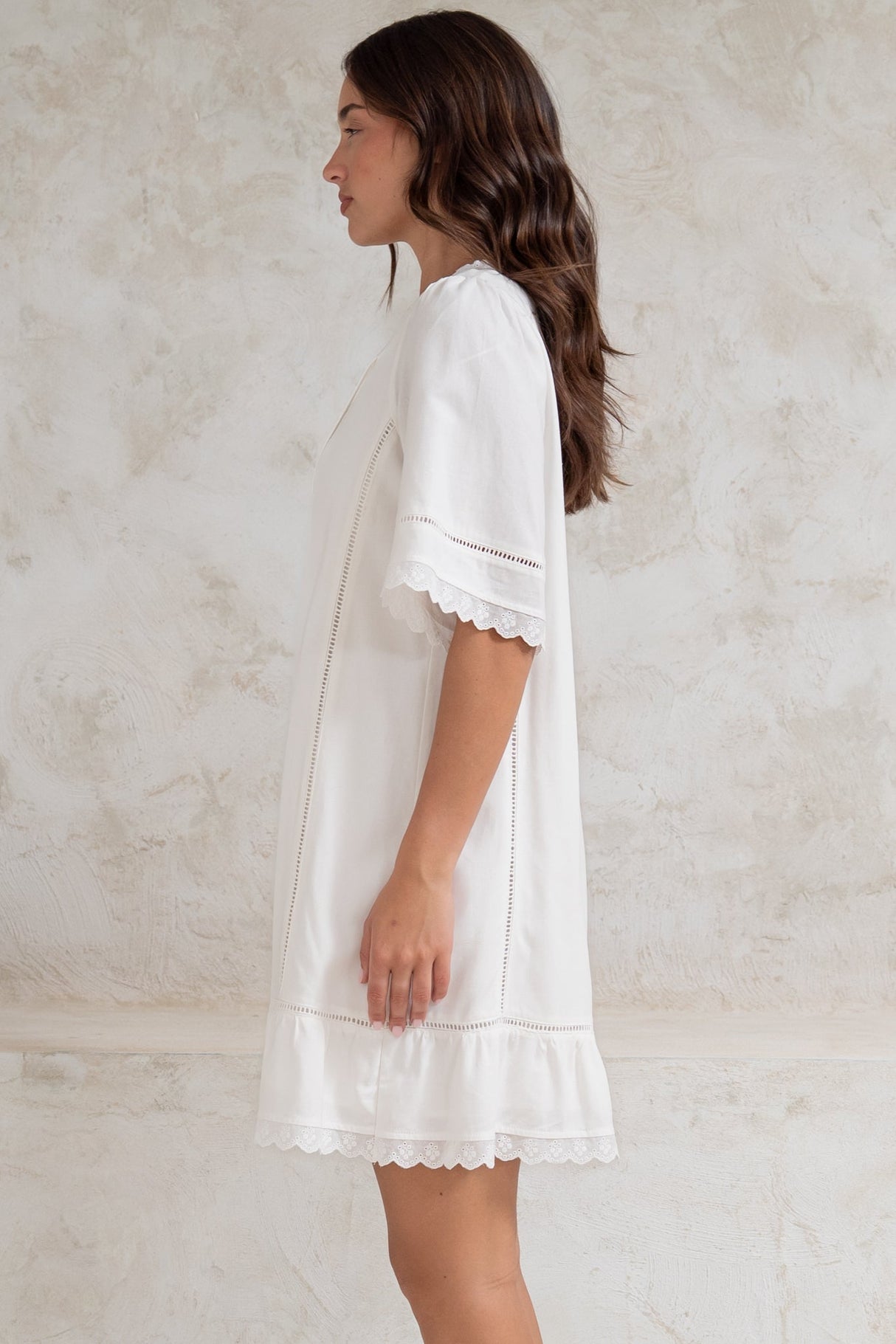 Kiki Mini Dress - V-Neck Shift Dress with Scallop Lace Hemlines in White