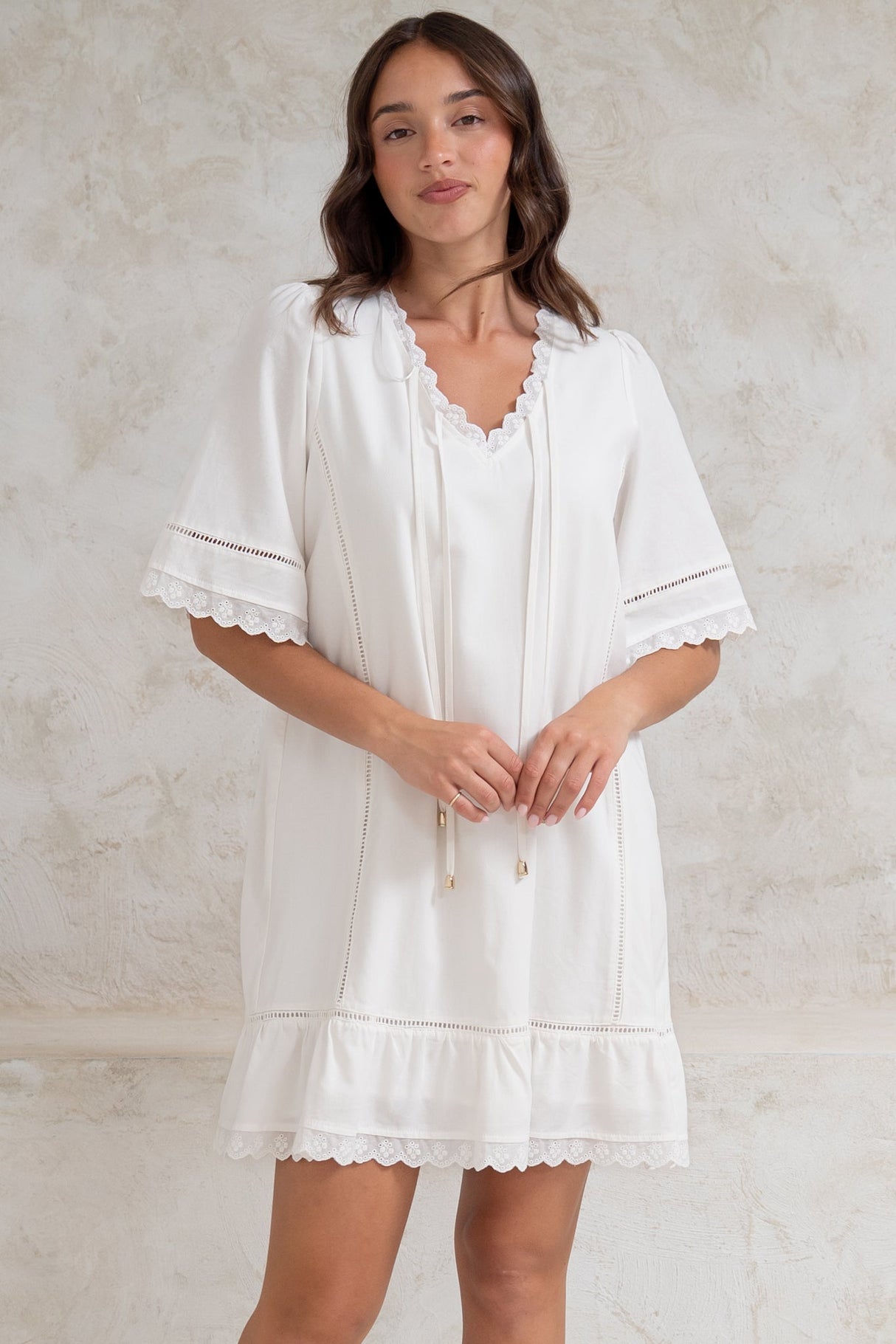Kiki Mini Dress - V-Neck Shift Dress with Scallop Lace Hemlines in White