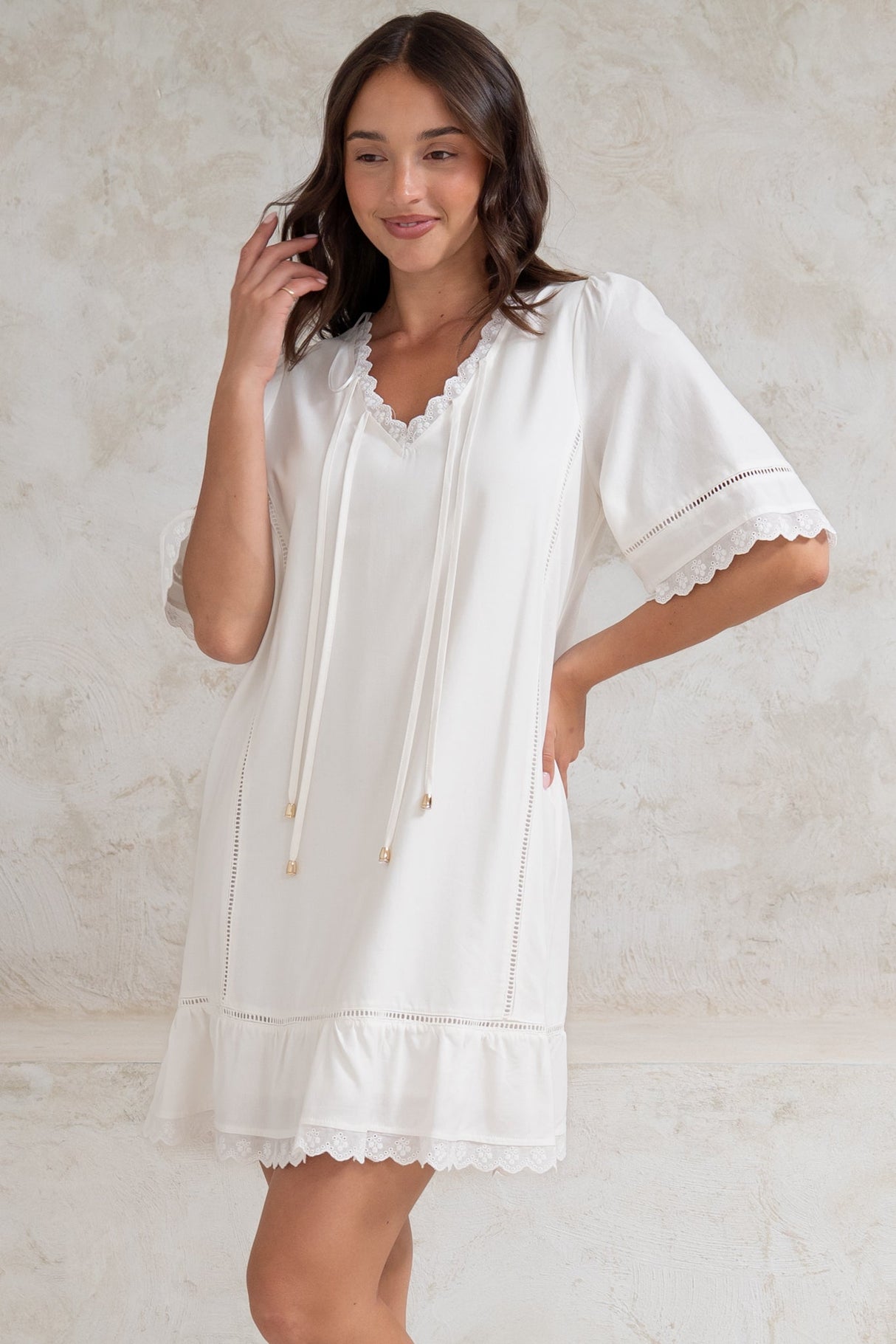 Kiki Mini Dress - V-Neck Shift Dress with Scallop Lace Hemlines in White
