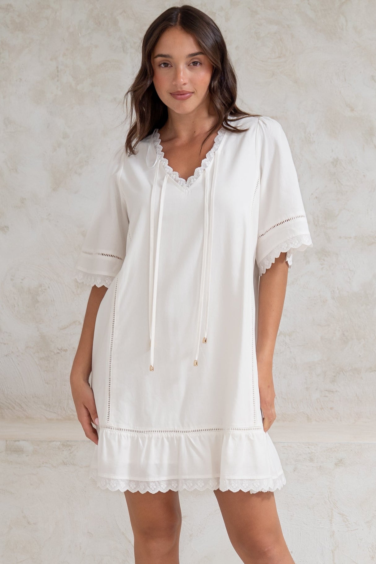 Kiki Mini Dress - V-Neck Shift Dress with Scallop Lace Hemlines in White