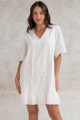 Kiki Mini Dress - V-Neck Shift Dress with Scallop Lace Hemlines in White