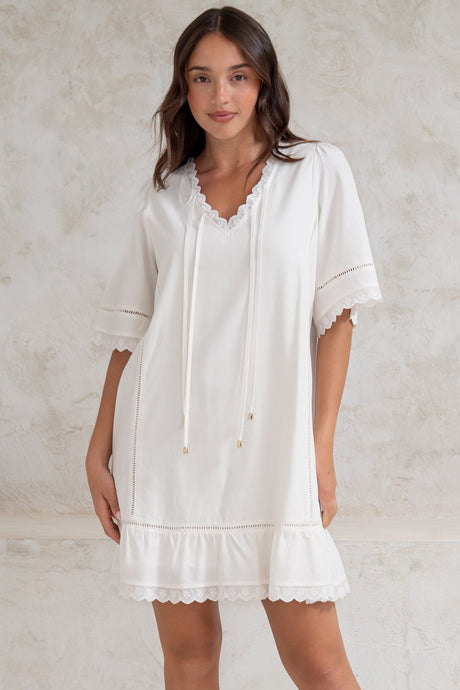 Kiki Mini Dress - V-Neck Shift Dress with Scallop Lace Hemlines in White