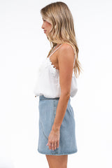 Kiki Denim Mini Skirt - High Waisted Contrast Stitched A-Line In Light Denim