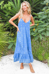 JAASE - Kimi Midi Dress: Adjustable Length Sun Dress in Azure Sky Print